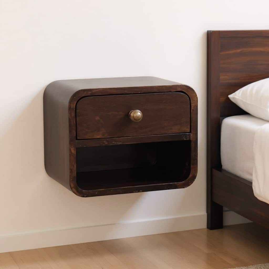 HomeRoots 16" Walnut Solid Wood Round One Drawer Floating Nightstand
