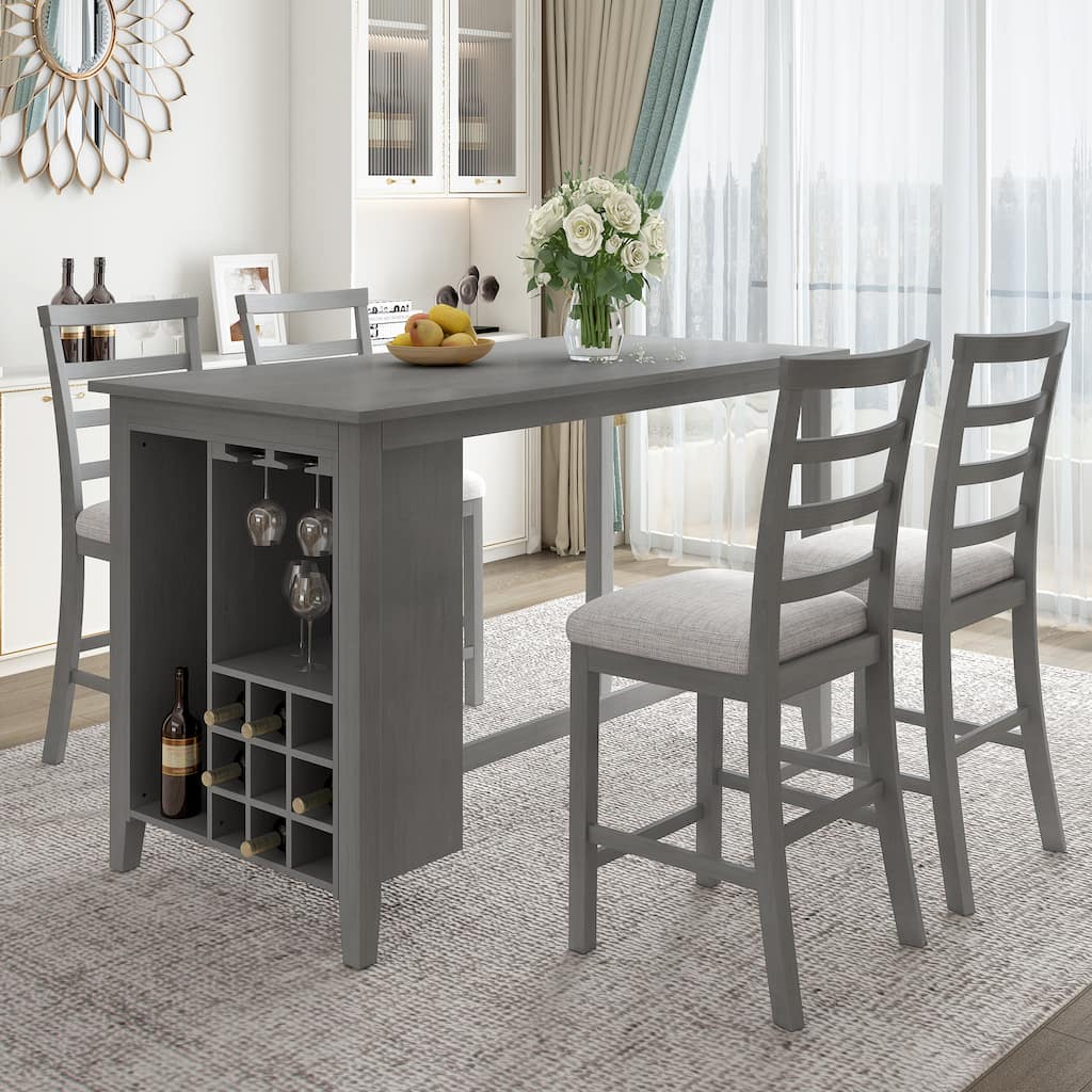5-Piece Multi-Functional Rubber Wood Counter Height Dining Set with Padded Chairs and Integrated 9 Bar Wine Compartment