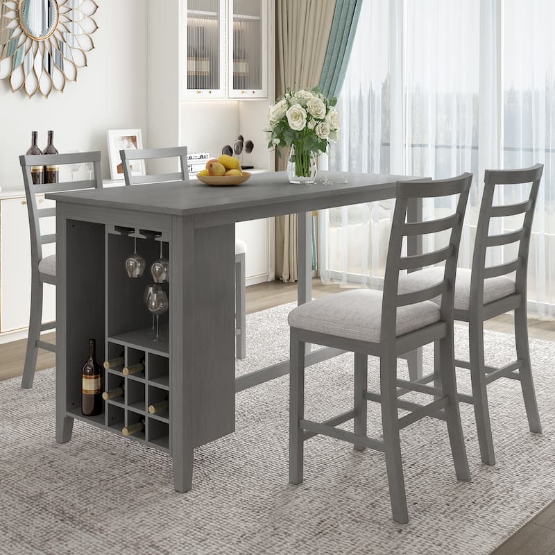 5-Piece Wood Counter Height Dining Set with 4 Padded Chairs and Integrated 9 Bar Wine Compartment, Wineglass Holders - Gray