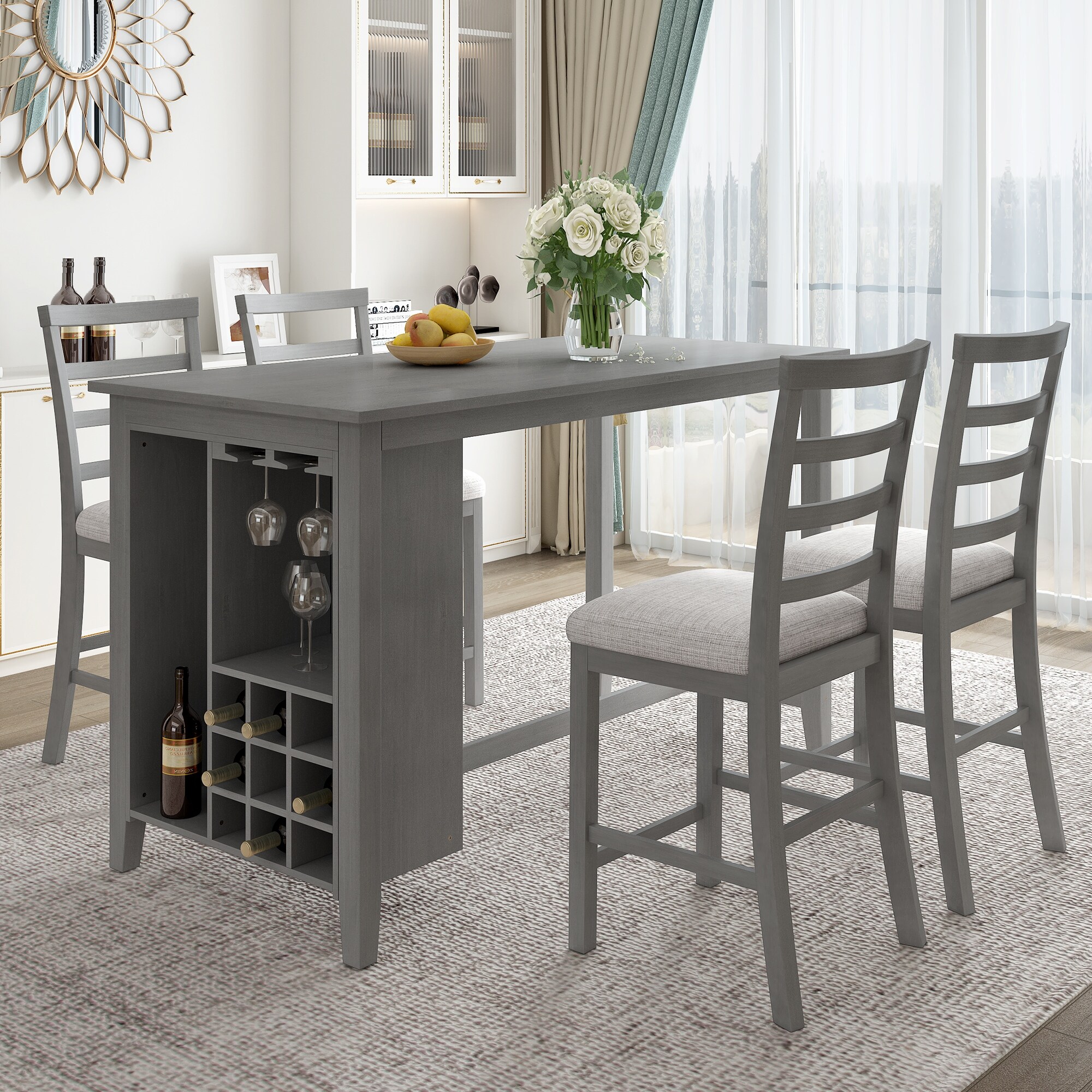 Gray 5 Piece Dining Table Set Bar Table with 4 Chairs Wine Cabinet Bed Bath Beyond 39380443