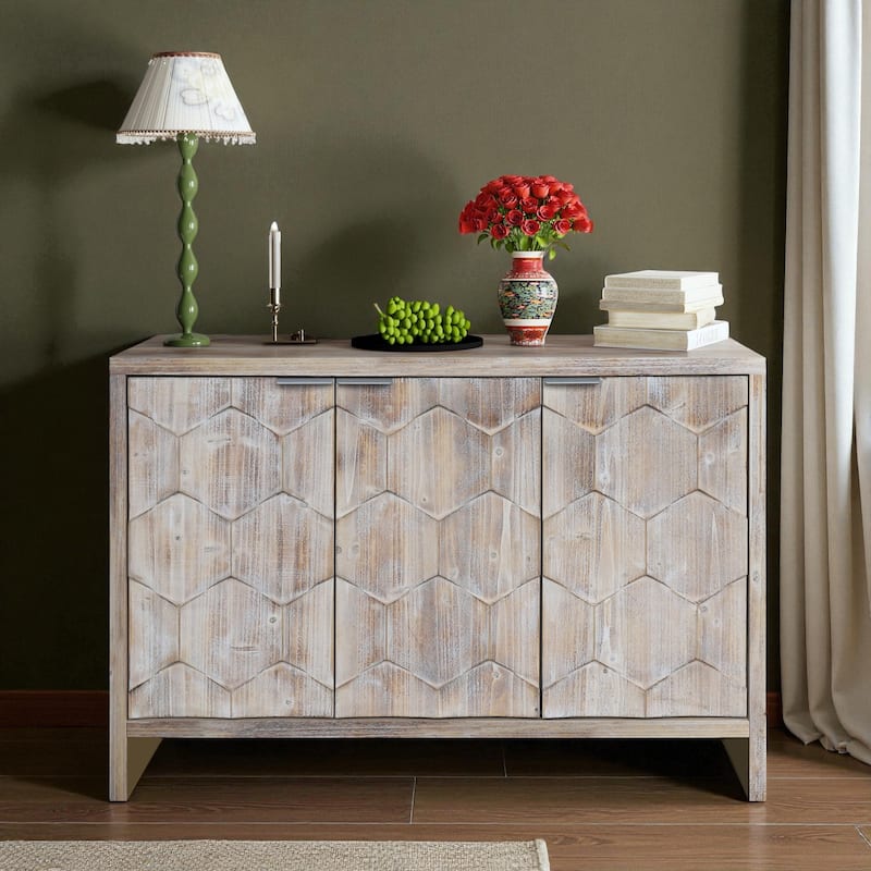 46" Farmhouse 3-Door Accent Sideboard Buffet with Adjustable Shelves, Solid Wood & MDF Storage Cabinet