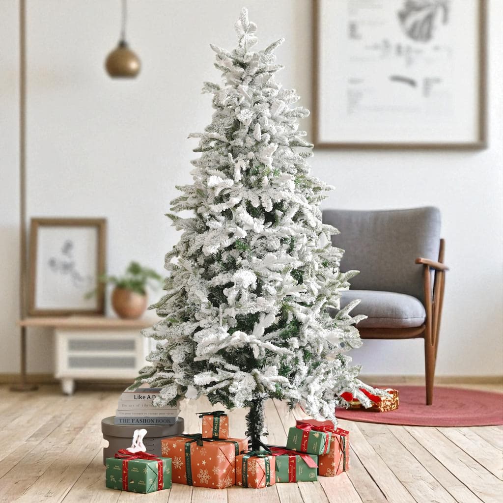 7ft Snow Flocked Unlit Christmas Tree with Mixed PE PVC Tips, Full Branches and Metal Stand