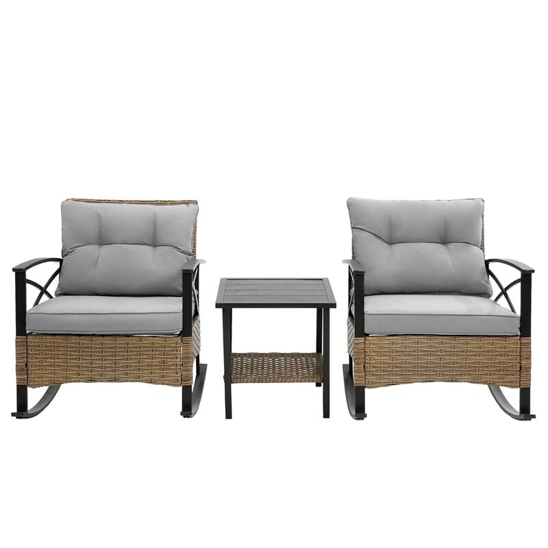 3 PCS Outdoor Rocking Rattan Set with Steel Frame
