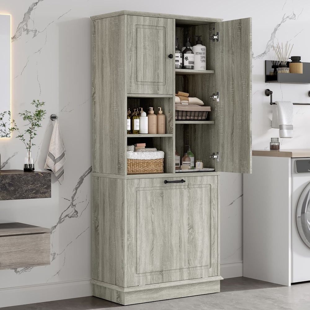 Storage Cabinet with Flip-Out Basket, Bathroom Cabinet with 2 Doors & Adjustable Shelves, Freestanding Floor Cabinet