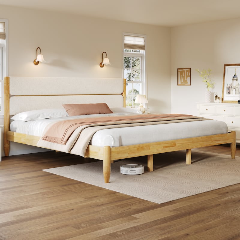Roomfitters King Size Solid Wood Platform Bed Frame with Upholstered Fleece Headboard, Ivory - Ivory - King