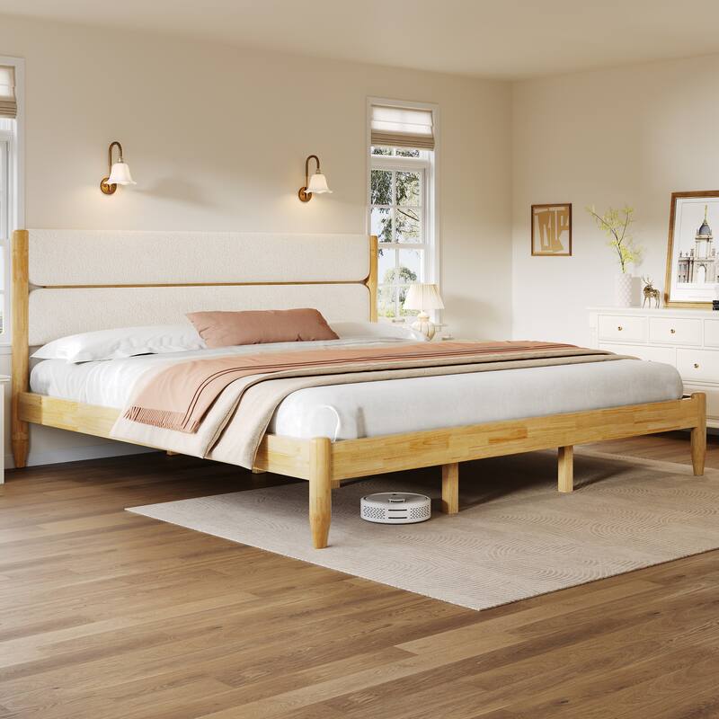 Solid Wood Platform Bed Frame with Ivory Fleece Upholstered Headboard, Wood Slats Support and Center Wood Legs - Ivory - King