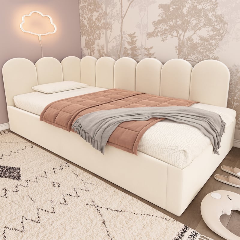 Roomfitters Velvet Upholstered Twin Daybed with Pull Out Trundle, Sofa Bed with Metal Slat Frame