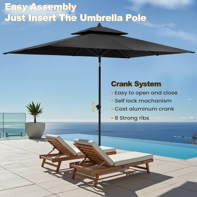 9-Piece Outdoor Patio Dining Set Wood Like Aluminum Umbrella Hole Table with Stackable Chairs, Market Umbrella and Base