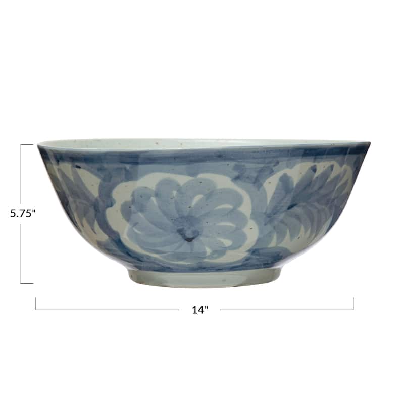 Hand Painted Stoneware Bowl with Floral Design - 14.0"L x 14.0"W x 5.9"H - 14.0"L x 14.0"W x 5.9"H