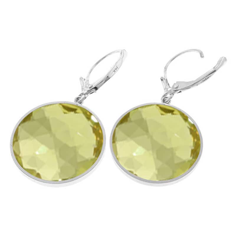 14K Solid Gold Leverback Gemstone Earrings Round Lemon Quartz Gemstone