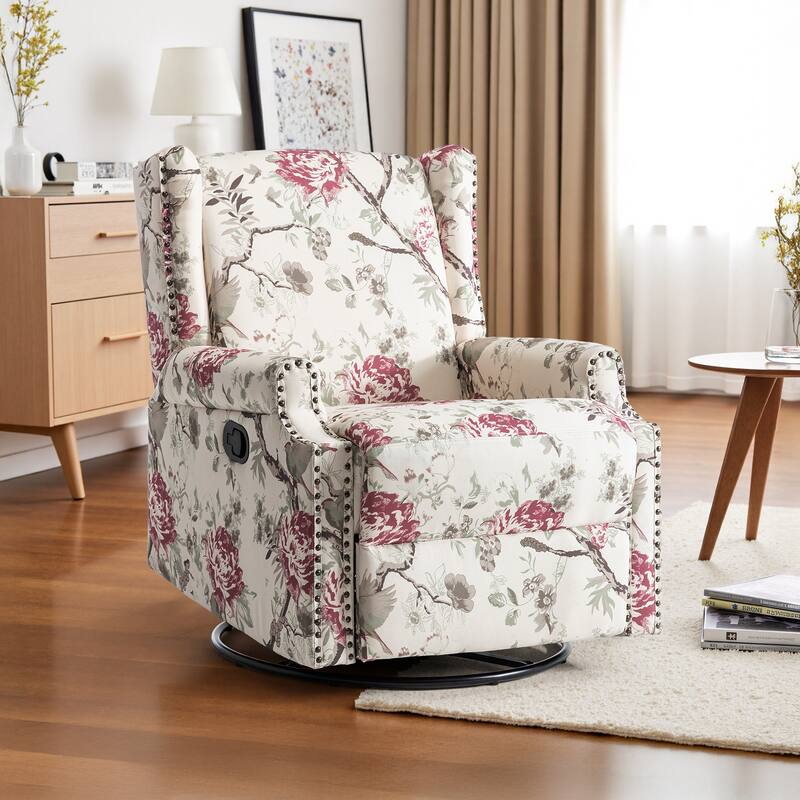 Linen Manual Swivel Base Recliner Chair with Footrest - PLANTS FLORAL