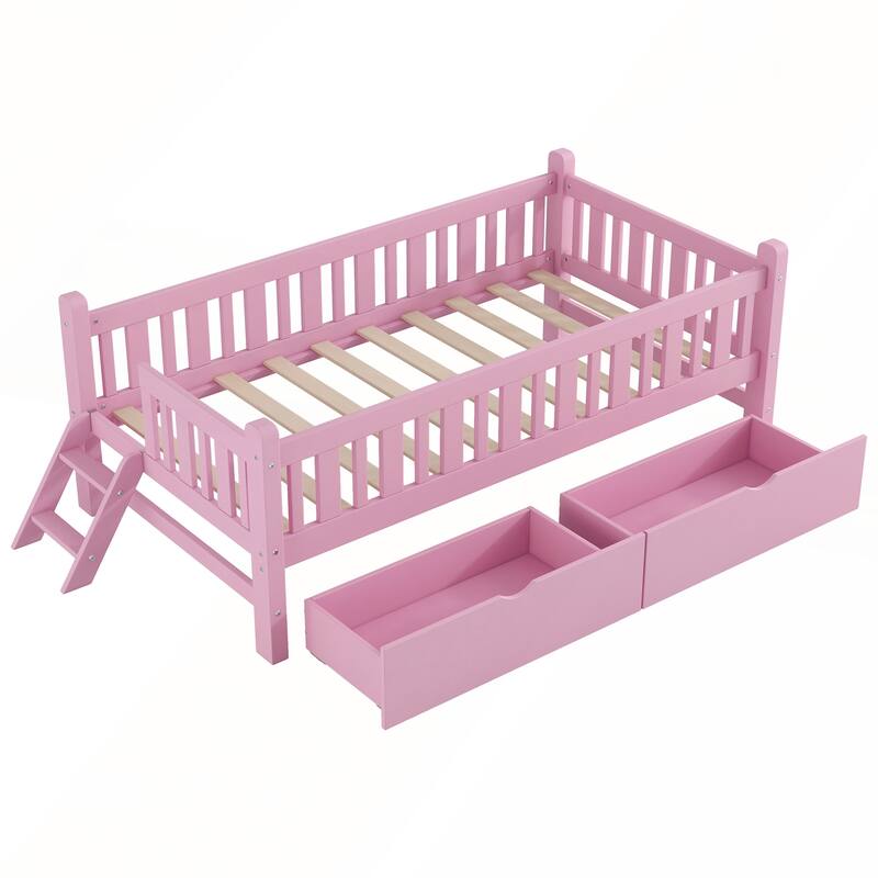 Wood Twin Size Platform Bed with Guardrail and 2 Drawers