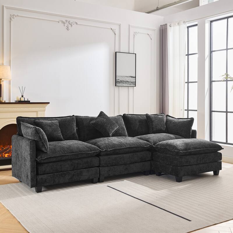 112.2" Modern L-Shaped 4-Seat Sectional Sofa with Removable Ottoman, 5 Plush Pillows, and Sturdy Construction
