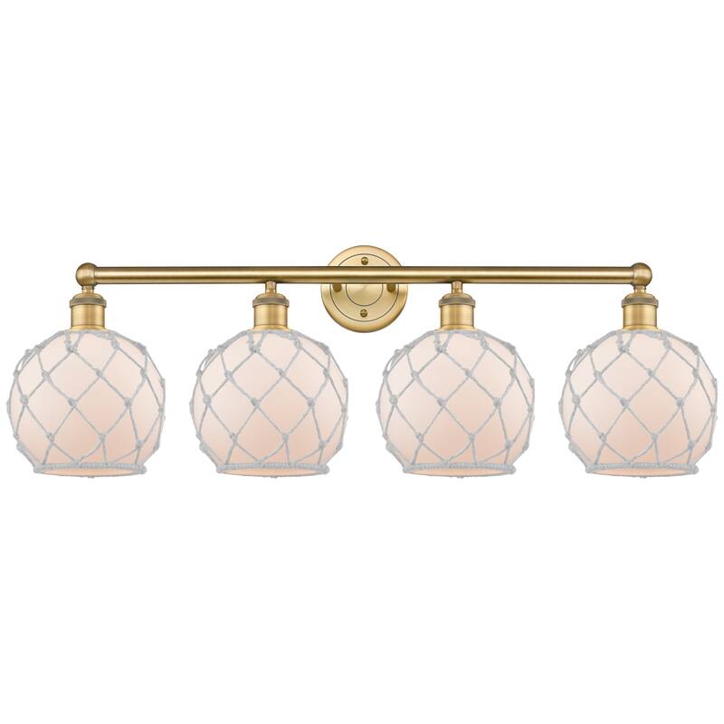 Innovations Lighting Endless Possibilities Edison - Farmhouse Rope - 4 Light 35" Bath Vanity Light - Brushed Brass/White Glass with White Rope