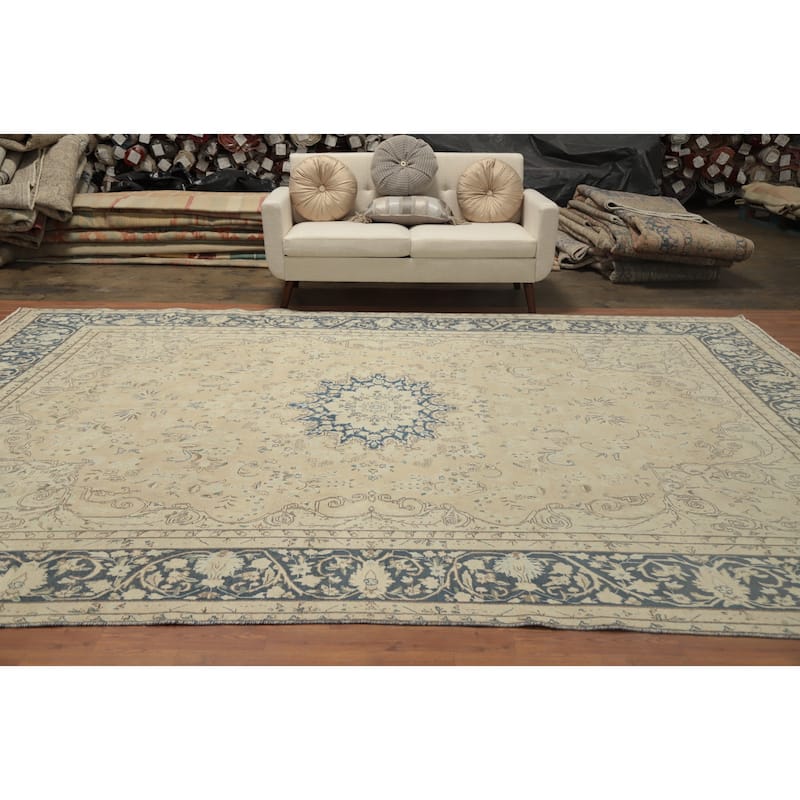 Hand Knotted Oriental 100% Wool Carpet Traditional Floral Beige & Ivories Kerman Area Rug - 13' 4'' X 9' 9''