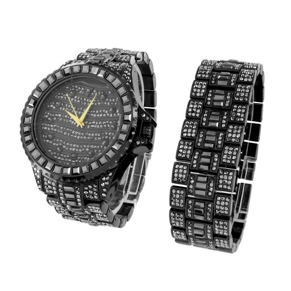 Mens Watch Bracelet Set Black Iced Out Simulated Diamonds Mens Watch Bracelet Set Black Iced Out Simulated Diamonds Stainless Steel Back Og Display