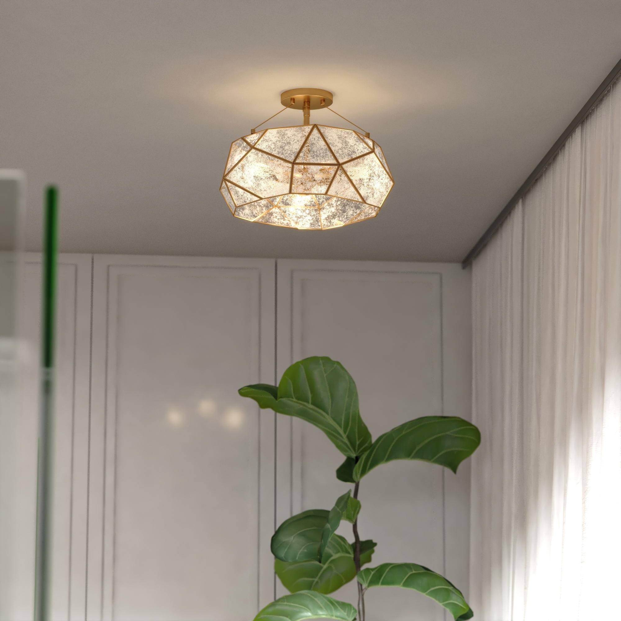 Gold Aged Brass Geometric Semi Flush Mount Light