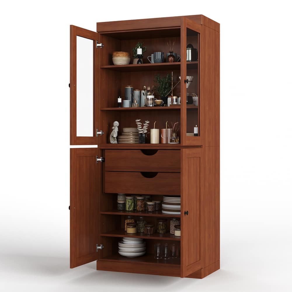 Palace Imports 100% Solid Wood 32" Pantry Cabinet with Clear Glass, Shaker Doors, 2-Drawers and Adjustable Shelves