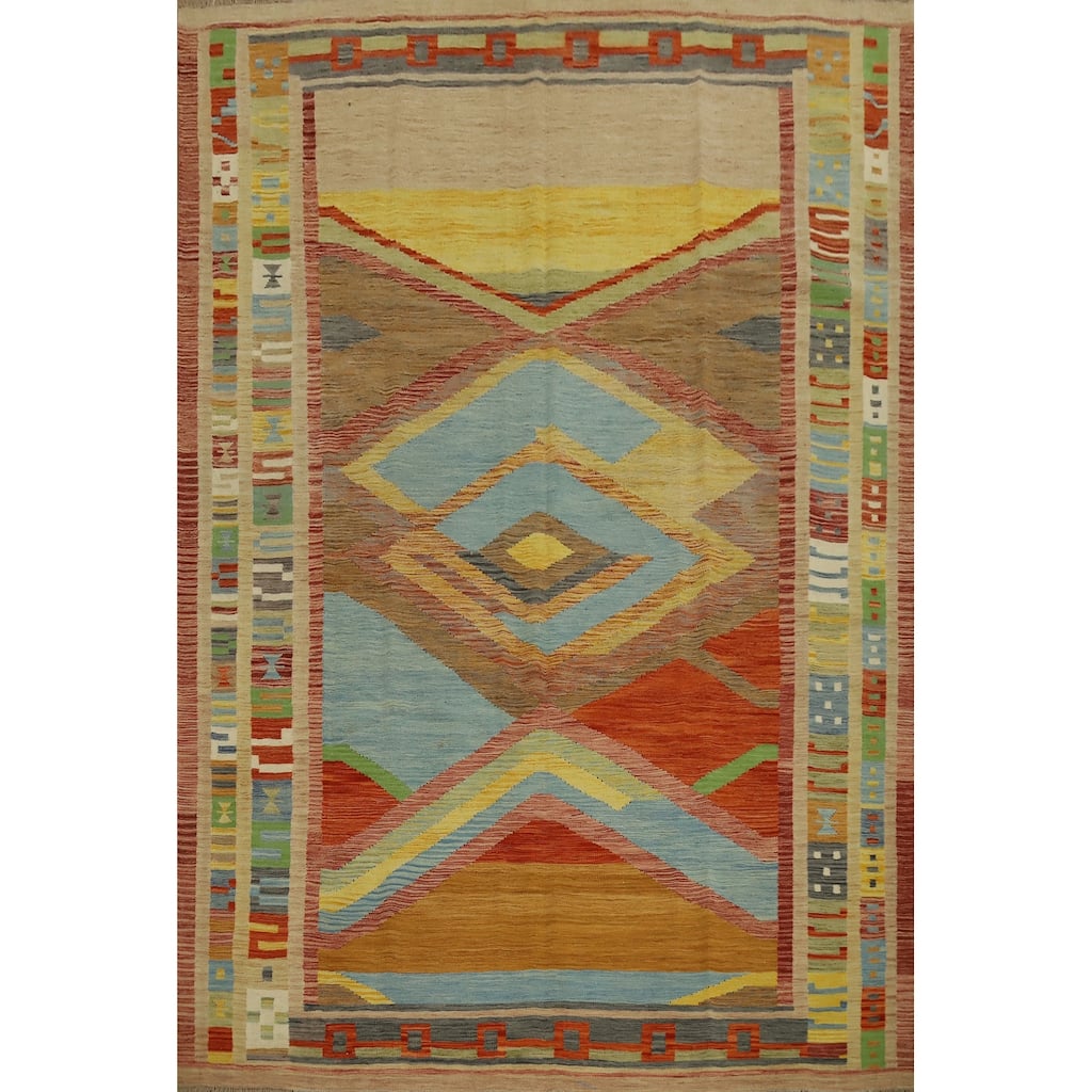 Hand Woven Oriental 100% Wool Carpet Southwestern Tribal Multi-Colored Kilim Area Rug - 9' 10'' X 8' 2''