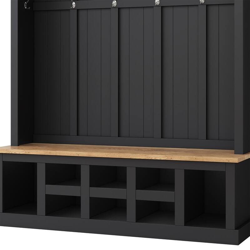 Multifunctional Hall Tree with Storage Bench, Coat Rack with 6 Hooks and Shoe Cubbies, Entryway Shoe Cabinet w/ 13 Compartments