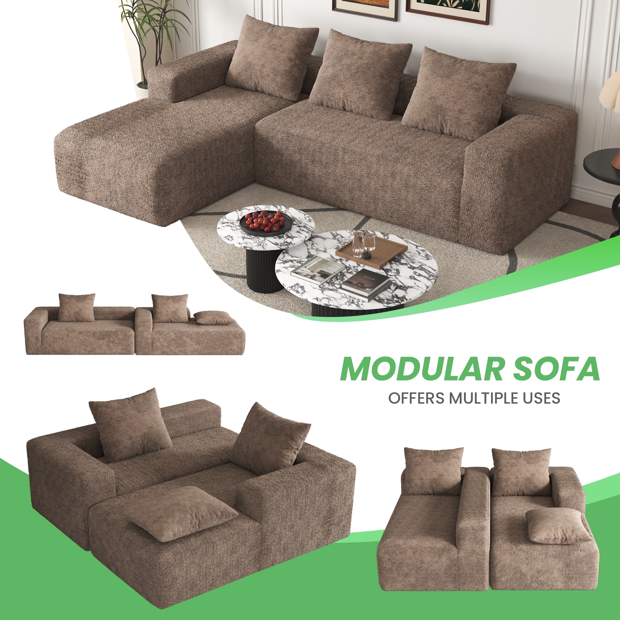 L-Shape Chaise Sectional Modular Couch Deep Seat Boneless Couches with 3 Back Pillows, Convertible Sofa Sleeper Bed