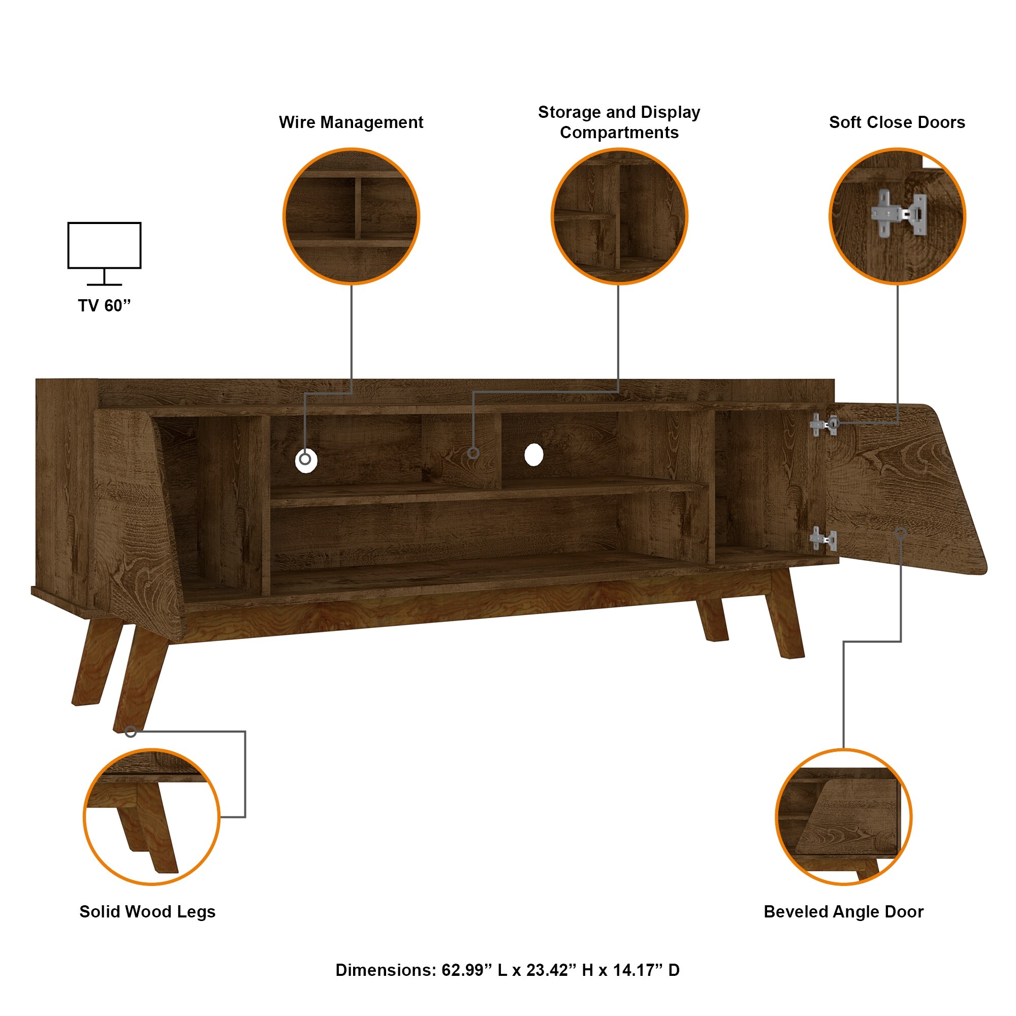 Marcus 63" TV Stand in Rustic Brown
