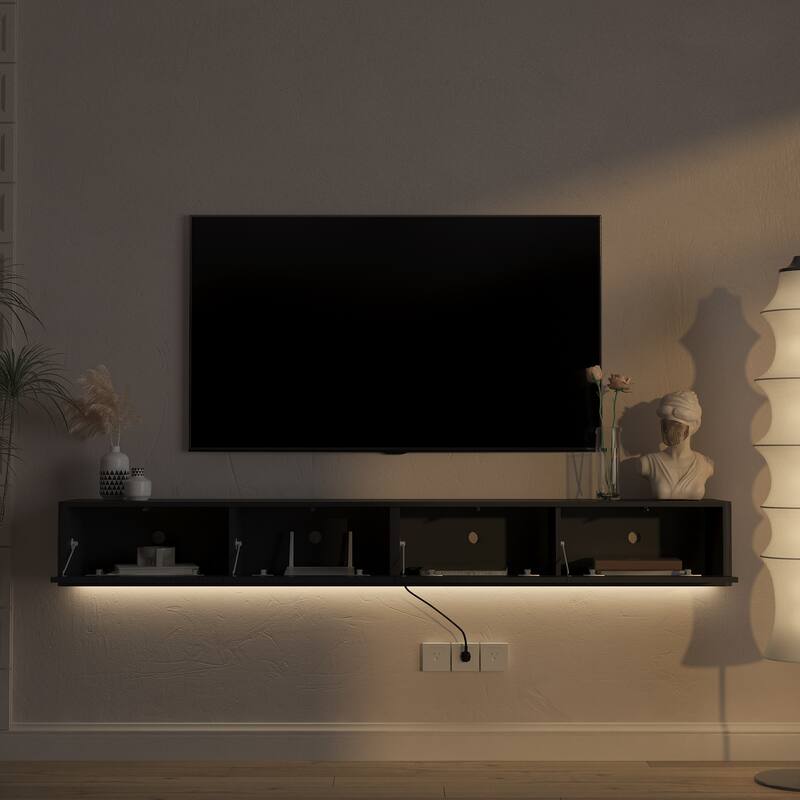 Wall Mounted Entertainment Shelf for Living Room, High Gloss Floating TV Stand with LED Lights & Power Outlet