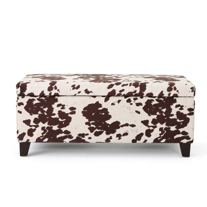 Devi 38 Inch Ottoman w Storage, Brown White Holstein Cow Print Velvet