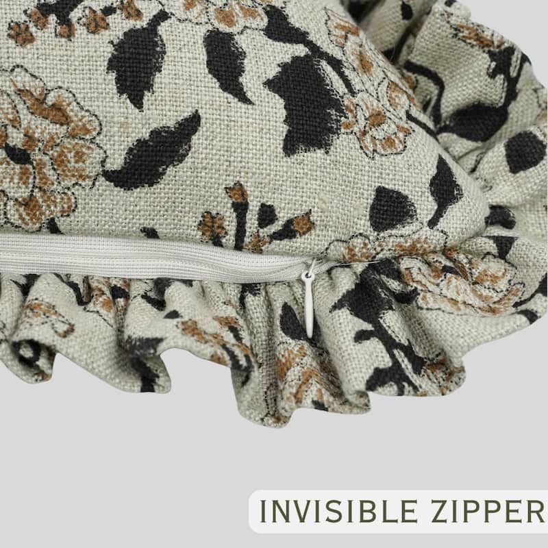 Fabdivine Heavy Linen Floral Ruffled Both Side Cushion Cover Home Décor Accent