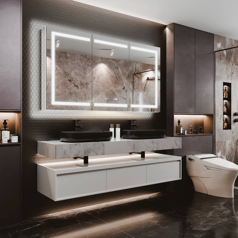36'' H Recessed or Surface Mounted Bathroom LED Mirror Cabinet With Defogger, Dimmer, 10x magnifying