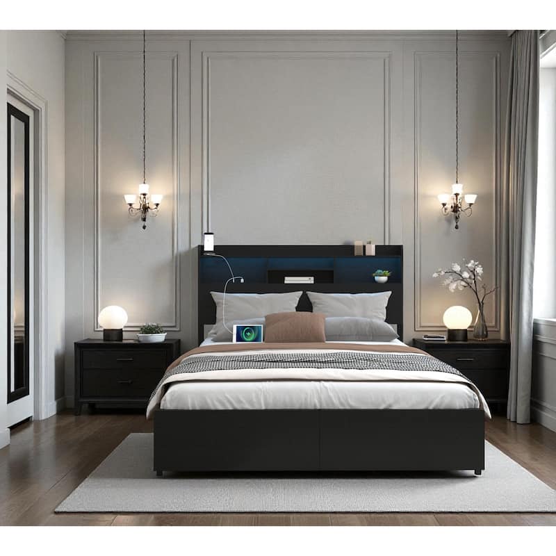 Bed Frame with 6 Storage Drawers, LED Headboard Shelf, Fast Charging Station, Heavy Duty Metal Platform No Box Spring Needed