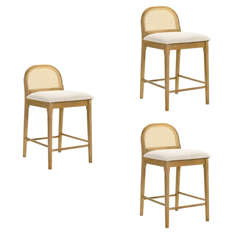 Lucio Modern Farmhouse Wood Counter Height Kitchen Bar Stool with White Boucle Fabric Upholstered Seat - Set of 3 - White/Amber Glow - Counter Height