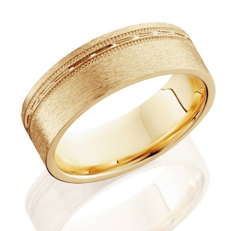 Mens 6mm Flat Brushed Offset Wedding Band Yellow Gold