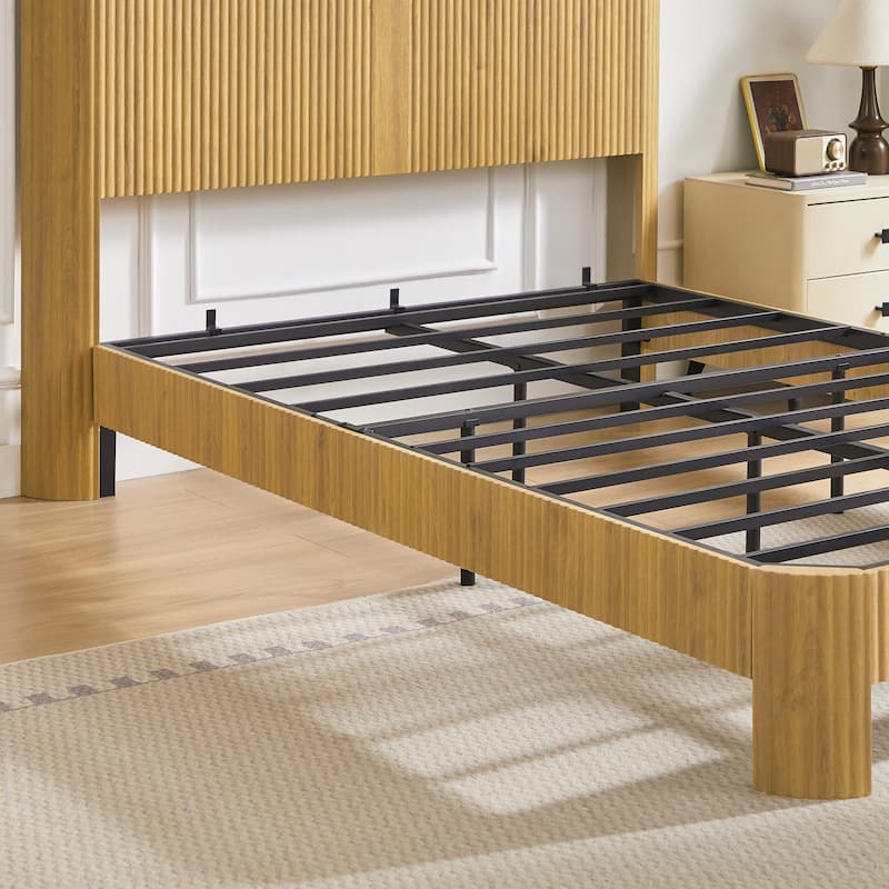 Full Extra Long(Full XL) Size Bed Frame With Storage Headboard, Built-In Charging Station, Wavy Curved Lines Design