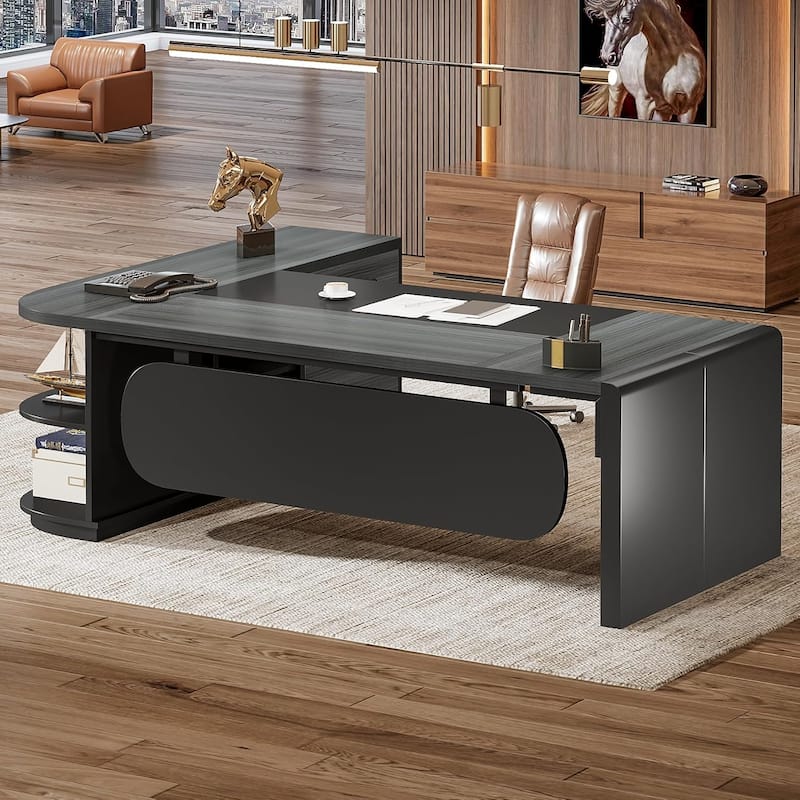 80'' Executive Desk, L-Shaped Office Table with 55'' Cabinet