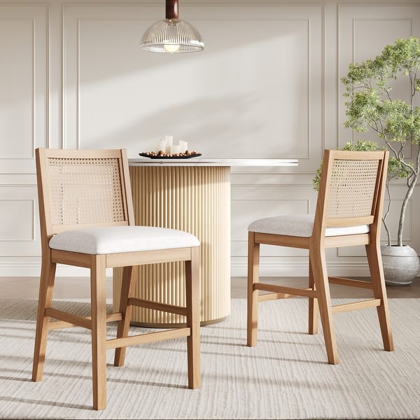 SET OF 2 Christopher Knight Home - French Country Wood & Rattan Counter Stools with Upholstered Seat - Natural