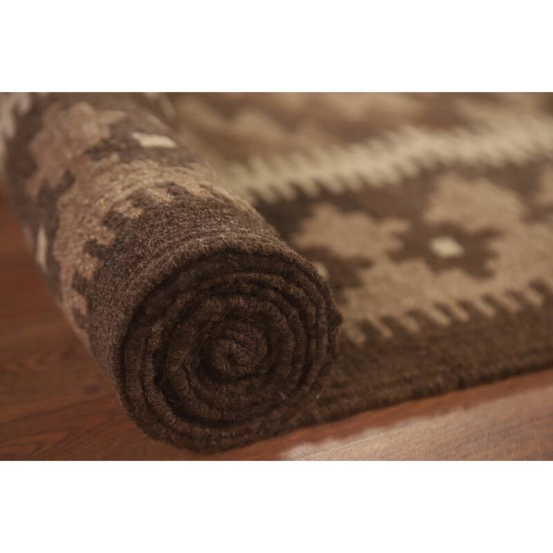 Hand Woven Oriental 100% Wool Carpet Southwestern Geometric Brown Kilim Area Rug - 9' 6'' X 6' 7''
