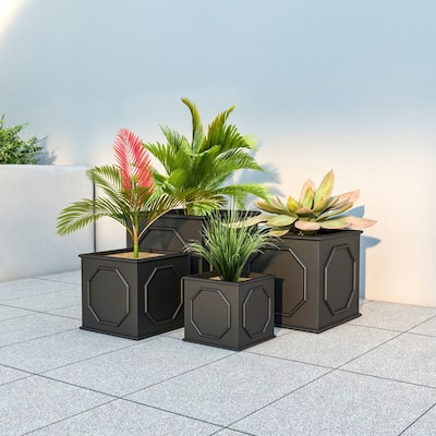Sprout Modern Fiberstone Square Planter Pot with Drainage Holes for Home Garden Yard Patio Porch Office- No Assembly Required