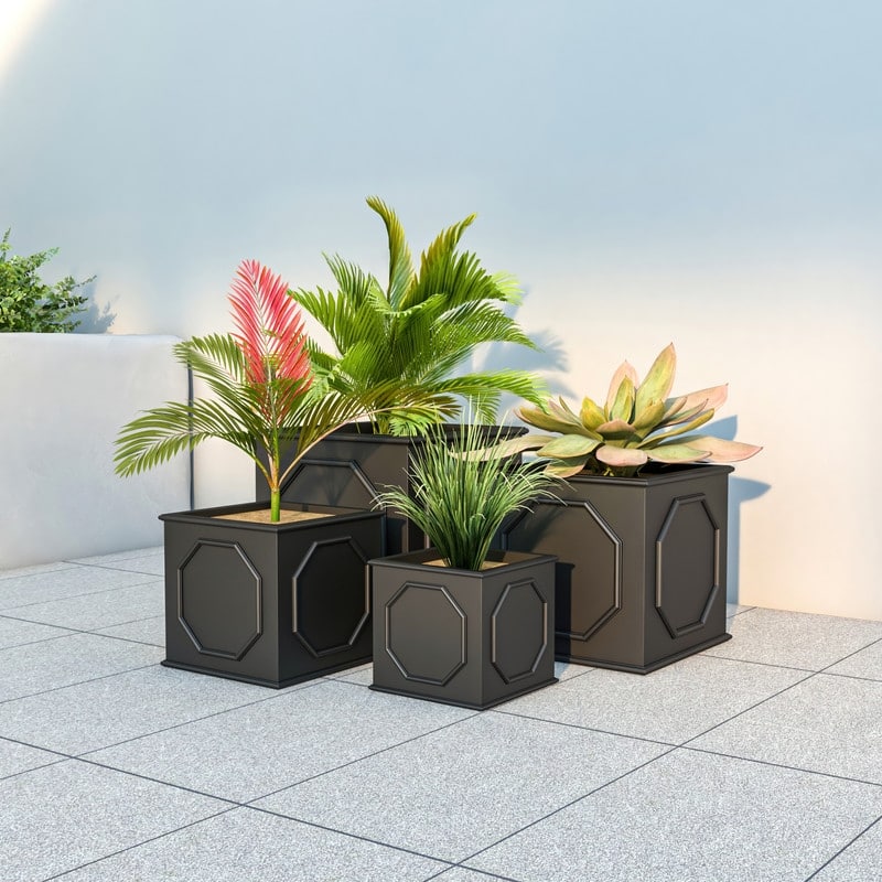 Sprout Handcrafted Square Fiberstone Garden Planter, Durable Weatherproof Plant Pot with Drainage for Outdoor Landscaping