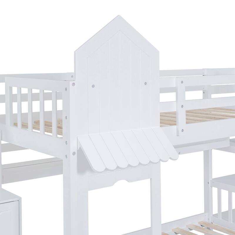 White Twin over Twin Size Solid Wood Castle Style Bunk Bed with Drawers and Slide