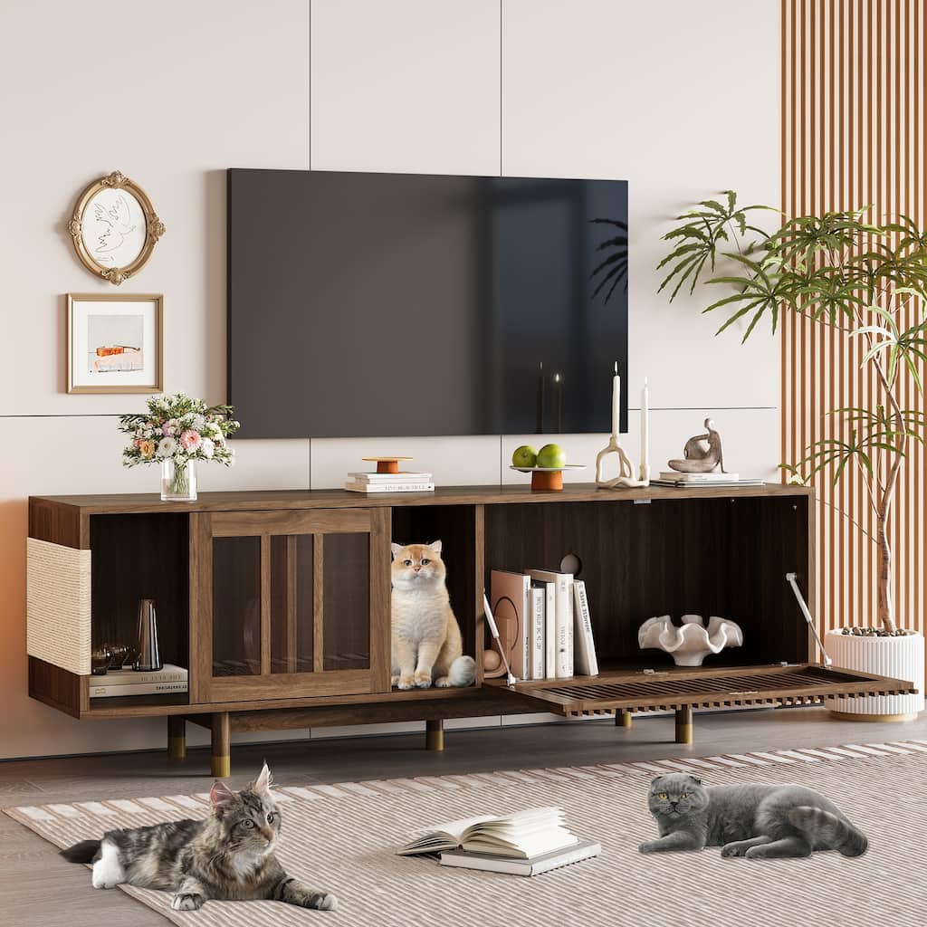 Mid-Century Modern TV Stand Cat House Litter Box with Sliding Flip-Down Glass Door and Cat Scratching Board, for Living Rooms