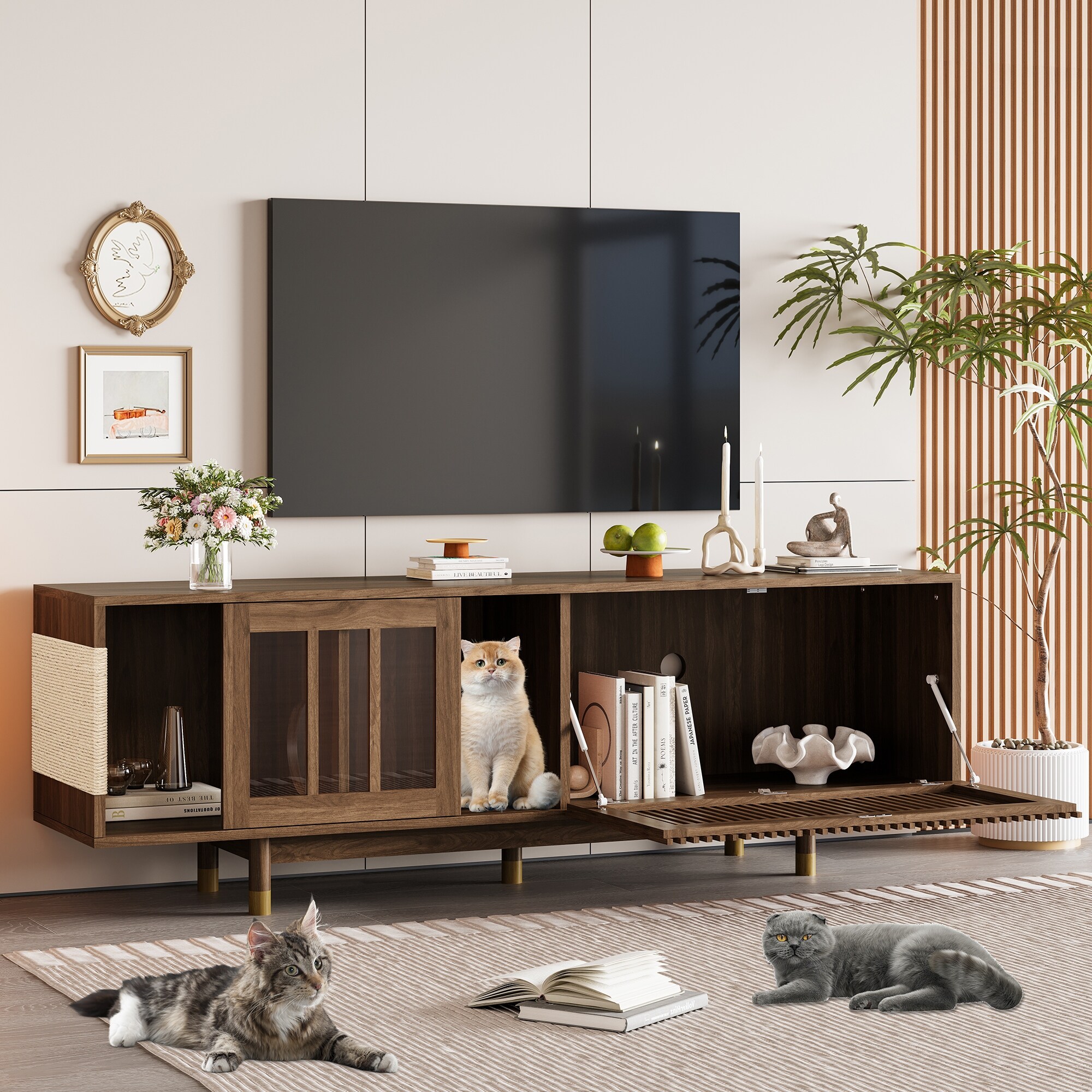 Mid-Century Modern TV Stand Cat House Litter Box with Sliding Flip