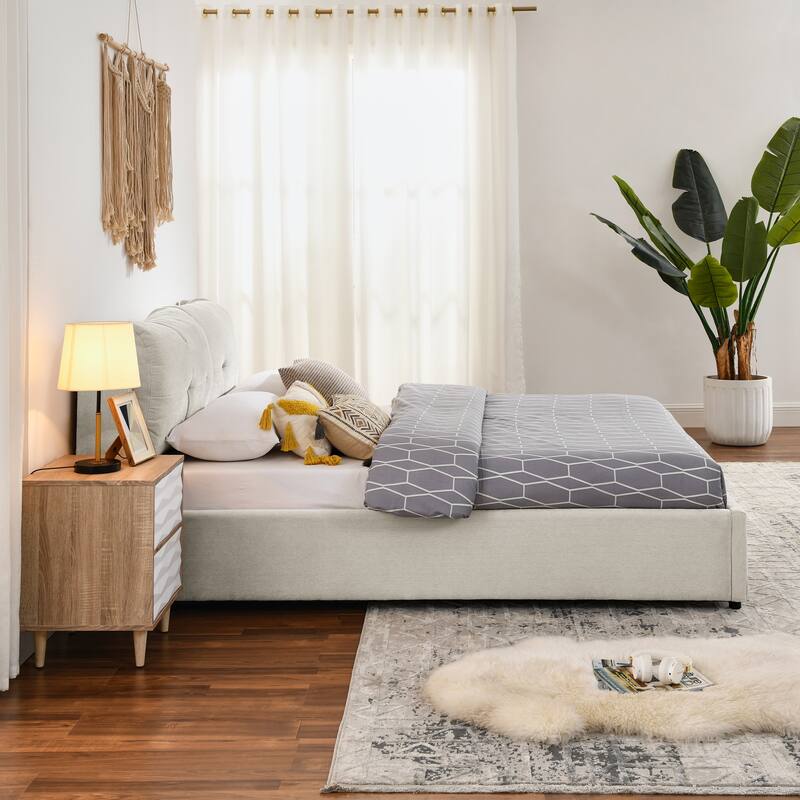 Chenille Storage Bed Frame, Hydraulic Lift Platform Bed with Under Bed Storage and Integrated Headboard, No Box Spring Needed