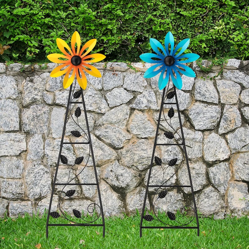 Glitzhome 44"H Glossy Painted Metal Yellow//Blue/Orange/Red Flower Wind Spinner Yard Stake