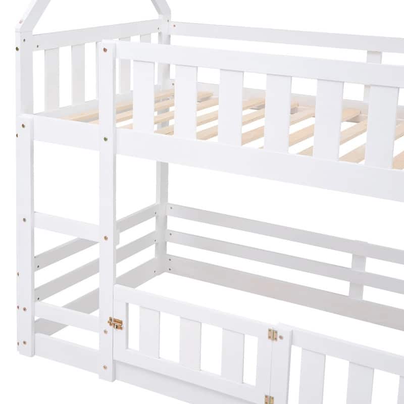 Twin over Twin House Bed Bunk Bed with Fence and Door