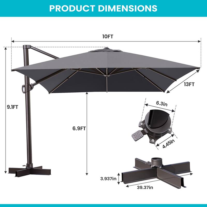 10 X 13FT Outdoor Patio Cantilever Umbrella with Rod Base