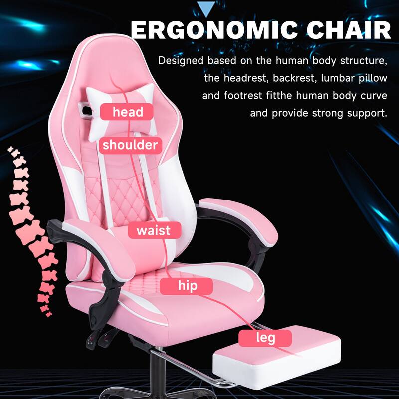 Leather Racing Gaming Chair with Massage Lumbar Support, Adjustable Headrest and Footrest