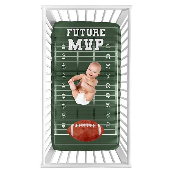 slide 2 of 4, Sweet Jojo Designs Green Football Boy Photo Op Fitted Crib Sheet Future MVP Foot Ball Field Brown and White Vintage Sport Themed