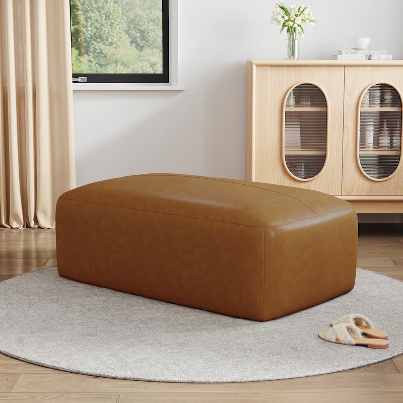 UIXE Genuine Leather Ottoman, Upholstered Ottoman for Living Room - Rectangular - Brown