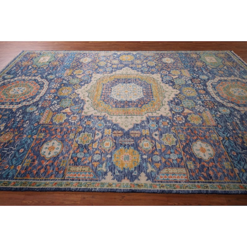 Blue Geometric Khotan Oriental Area Rug Handmade Wool Carpet - 8'9"x 11'11"